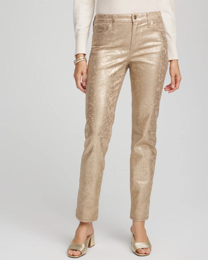 Chico's Best Seller - Girlfriend Slim Ankle Foiled Lace Jeans Champagne Fizz