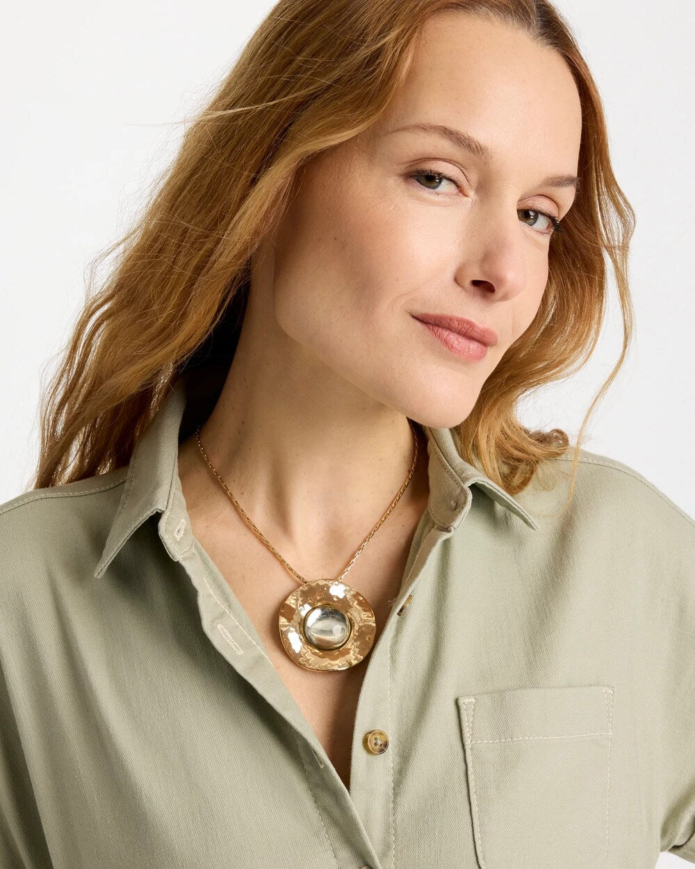 Chico's New - Green Gold Short Pendant Necklace Green