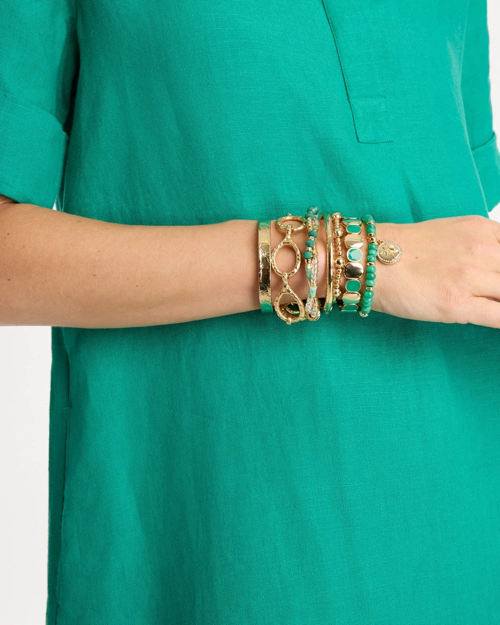 Chico's Top Pick - Green Goldtone Glam Stretch Bracelet Green