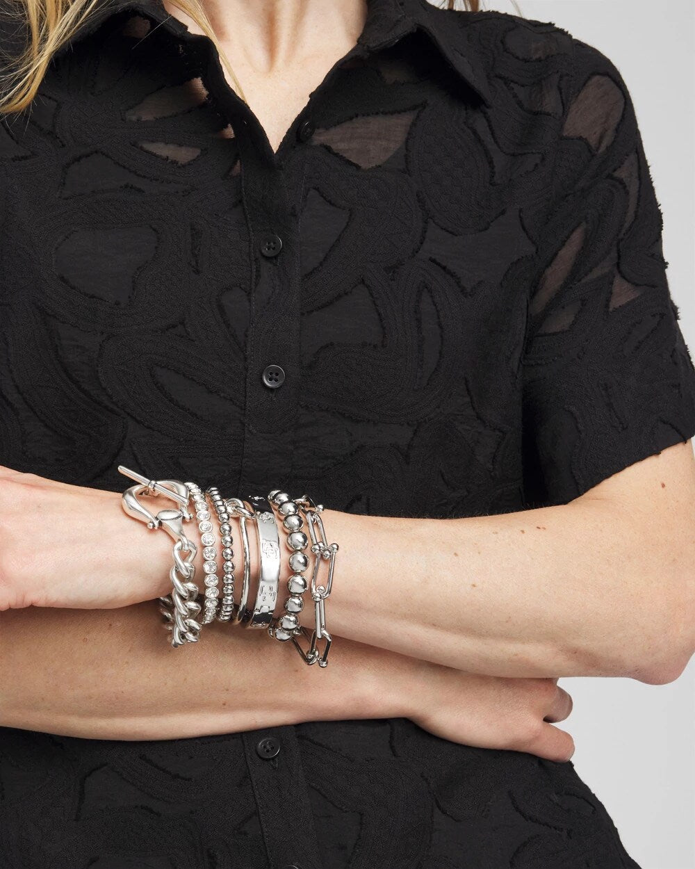 Chico's Premium - Small Beaded Silver Tone Stretch Bracelet Silver