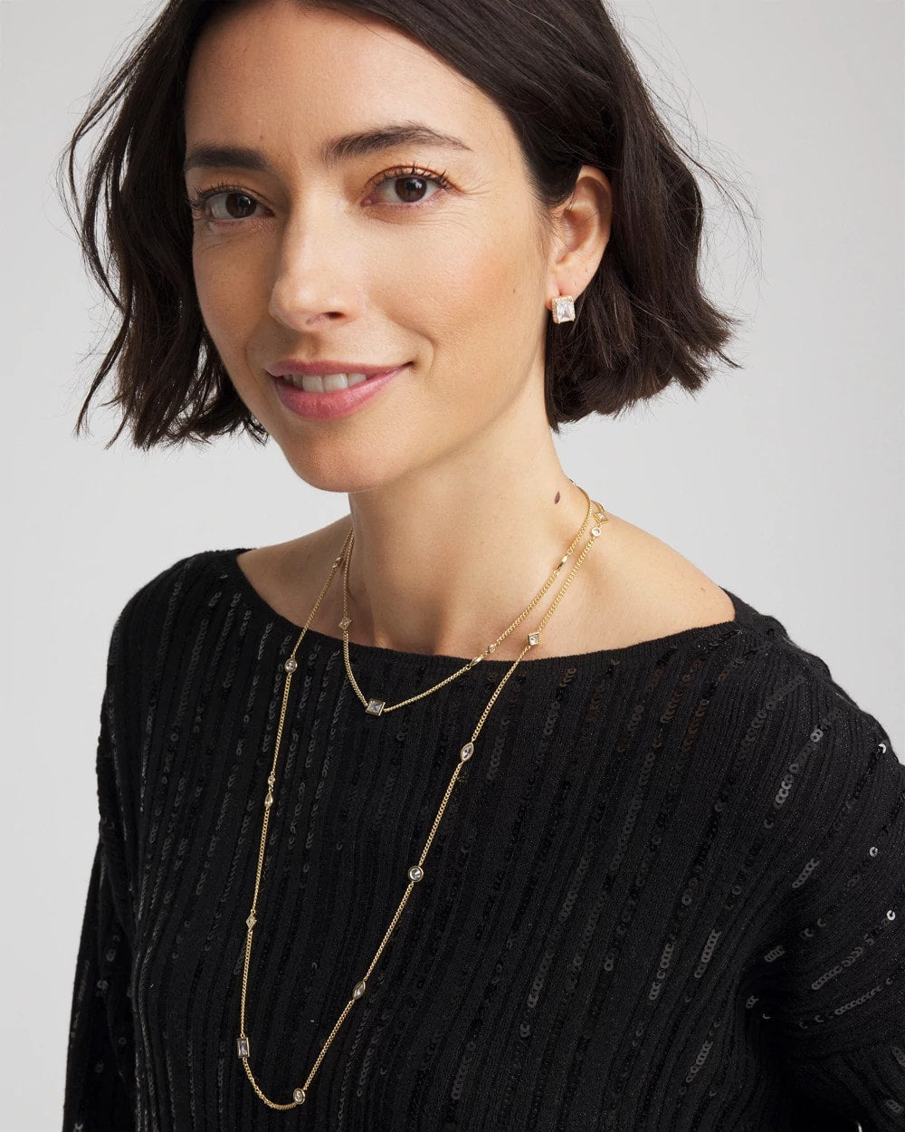 Chico's Quality - Fine Crystal Long Chain Necklace Gold