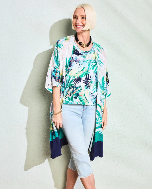 Chico's Deals - Printed Smocked Long Kimono Topanga Green