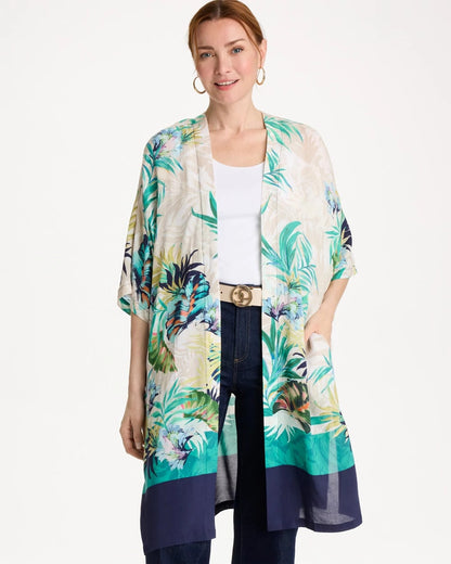 Chico's Deals - Printed Smocked Long Kimono Topanga Green