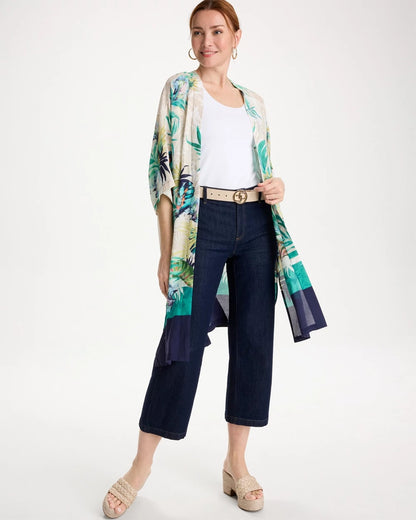 Chico's Deals - Printed Smocked Long Kimono Topanga Green