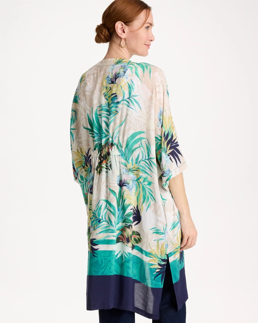 Chico's Deals - Printed Smocked Long Kimono Topanga Green