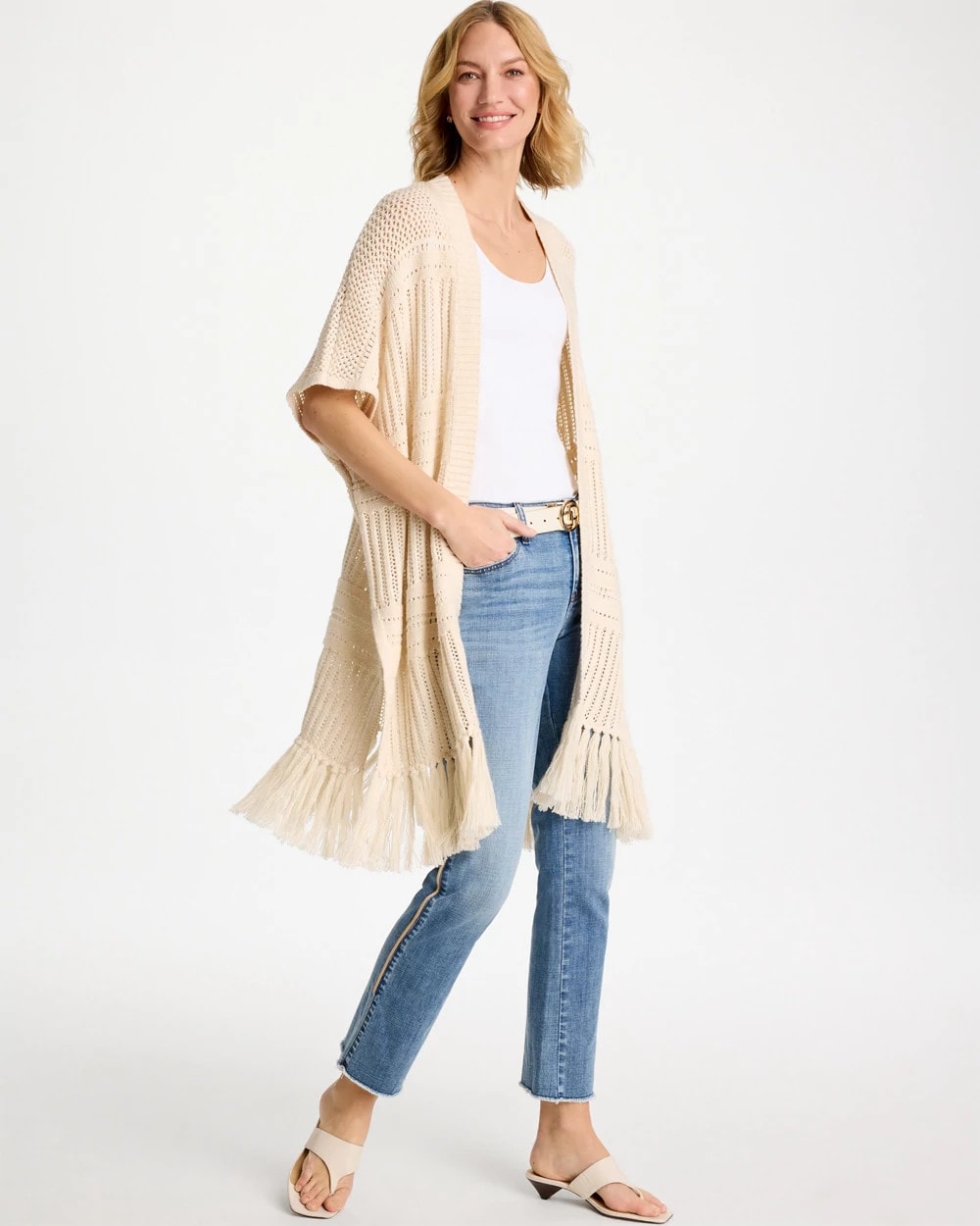 Chico's Premium - Long Knit Fringe Ruana Cream