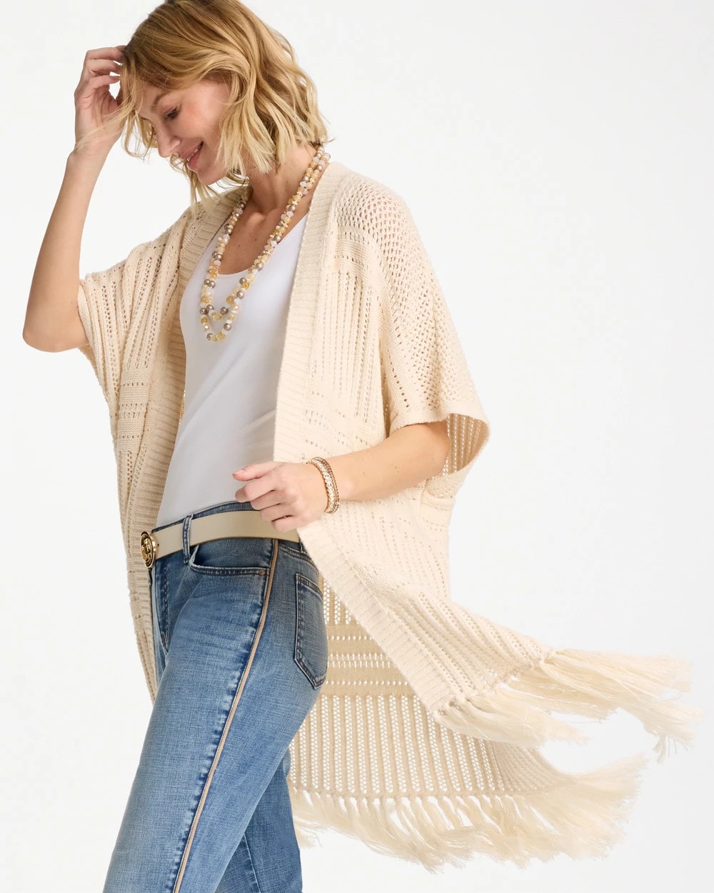 Chico's Premium - Long Knit Fringe Ruana Cream