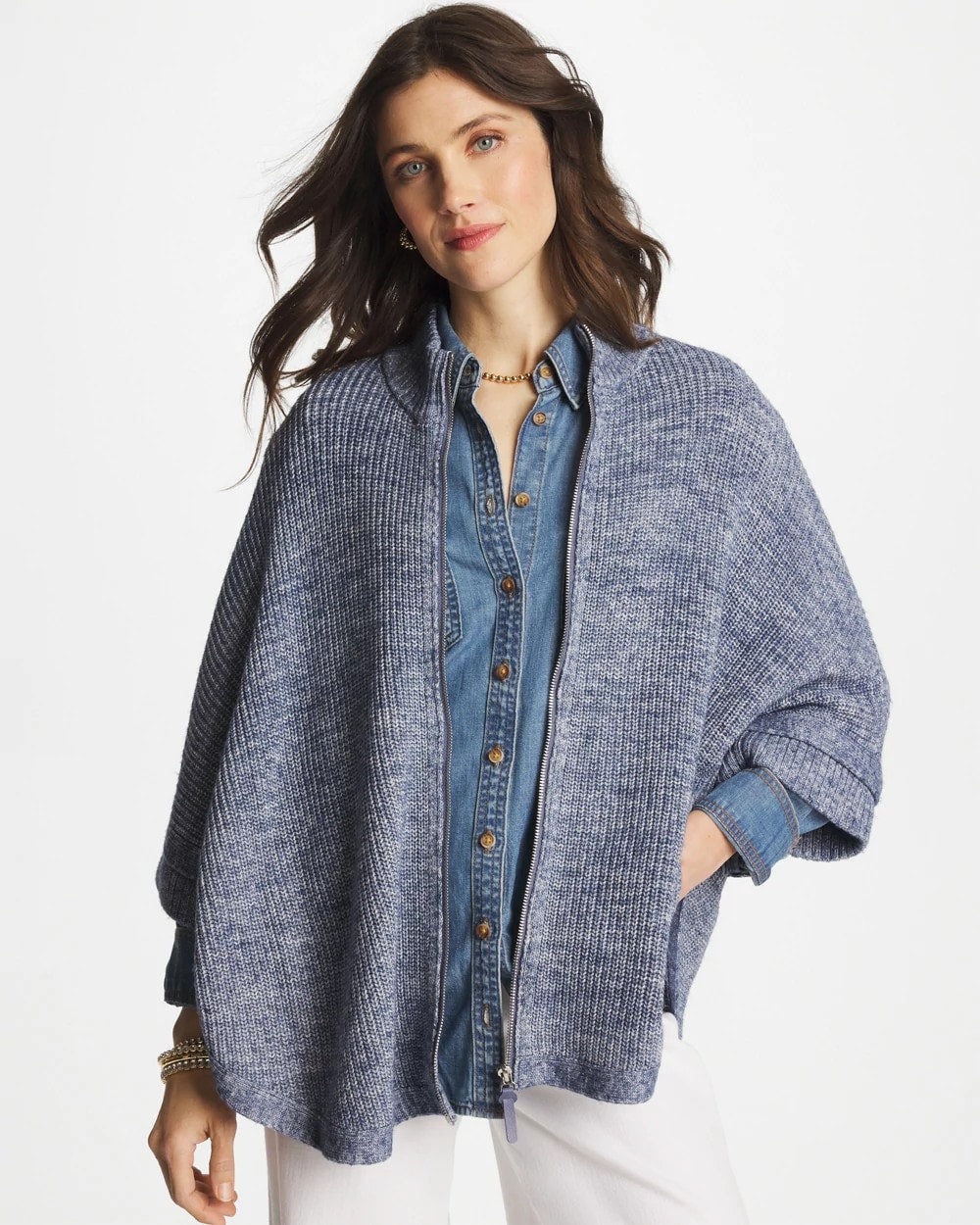 Chico's Exclusive - Rounded Hem Zip-Front Ruana Indigo Sky Heather