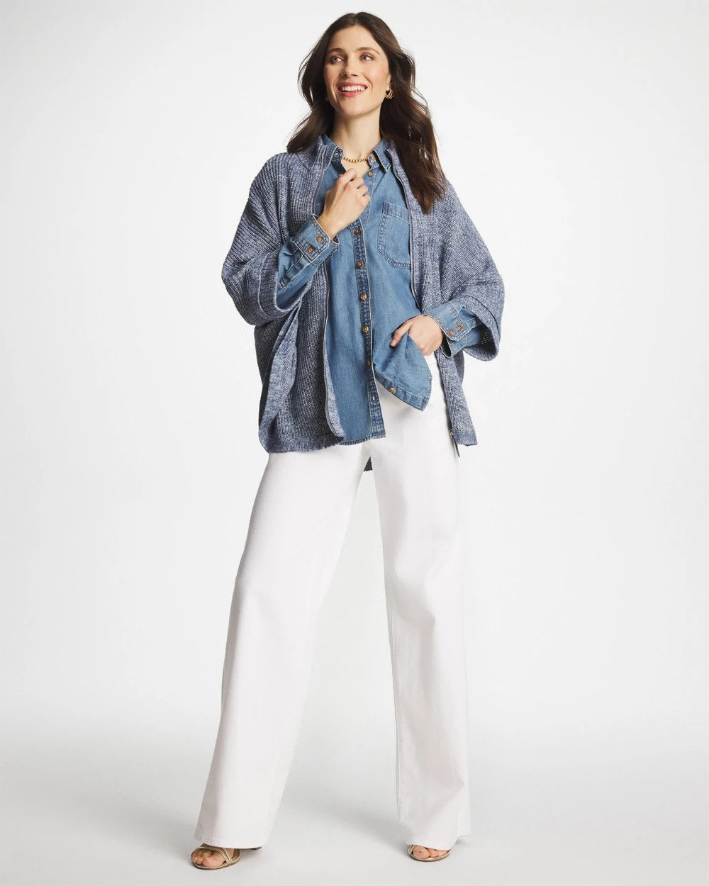 Chico's Exclusive - Rounded Hem Zip-Front Ruana Indigo Sky Heather