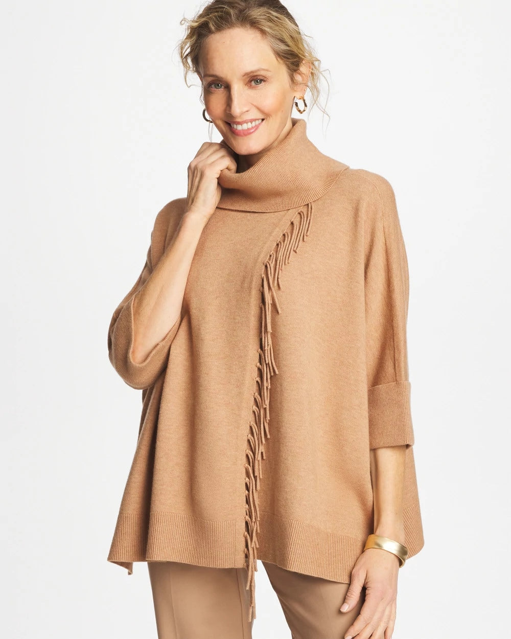 Chico's Best Seller - Cowlneck Knit Fringe Poncho Faux Creme Coffee Heather