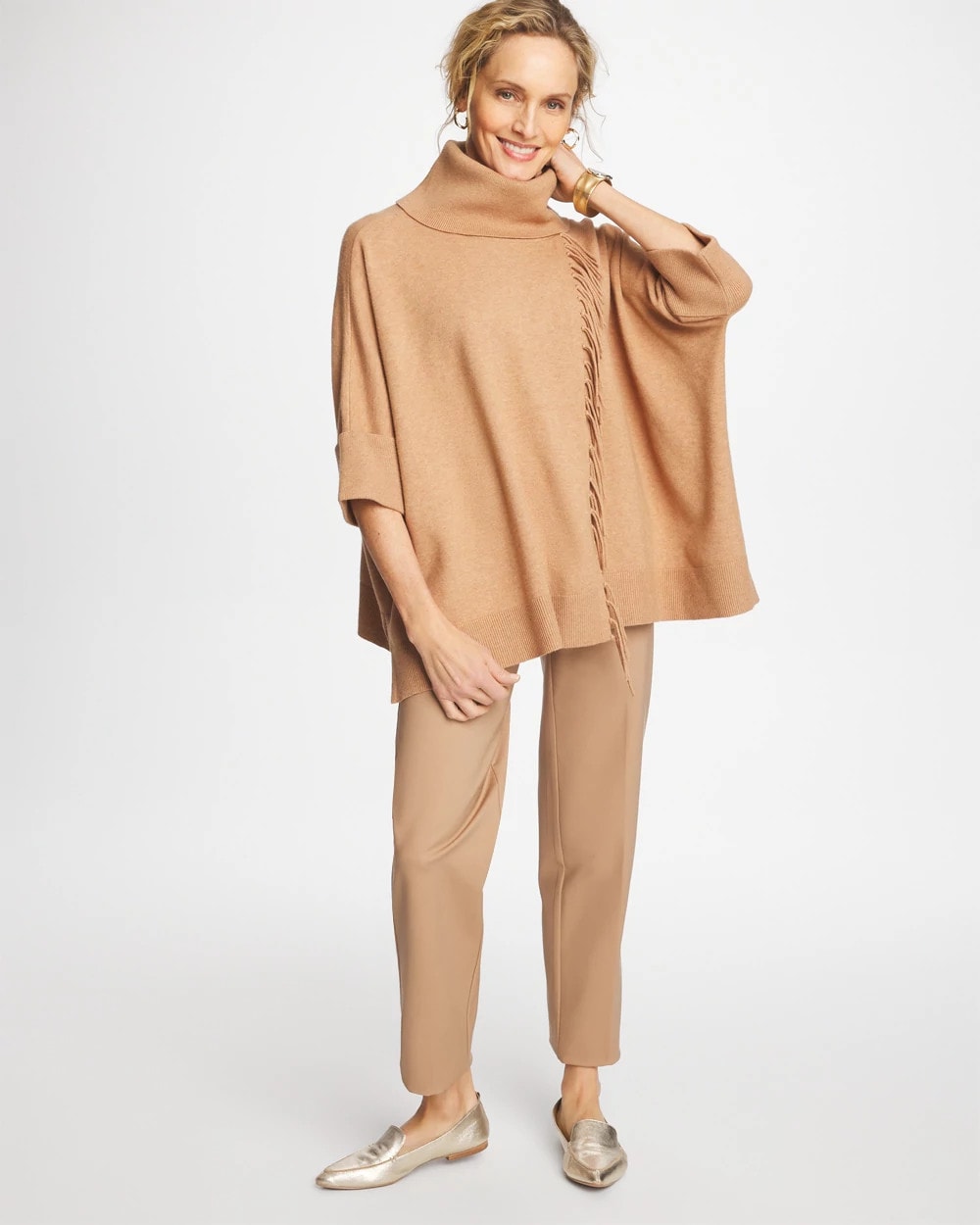 Chico's Best Seller - Cowlneck Knit Fringe Poncho Faux Creme Coffee Heather