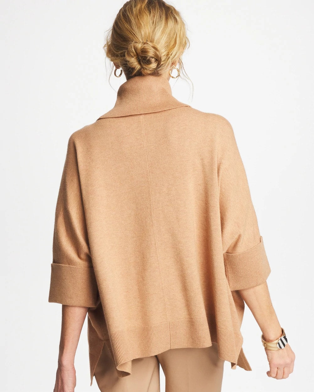 Chico's Best Seller - Cowlneck Knit Fringe Poncho Faux Creme Coffee Heather