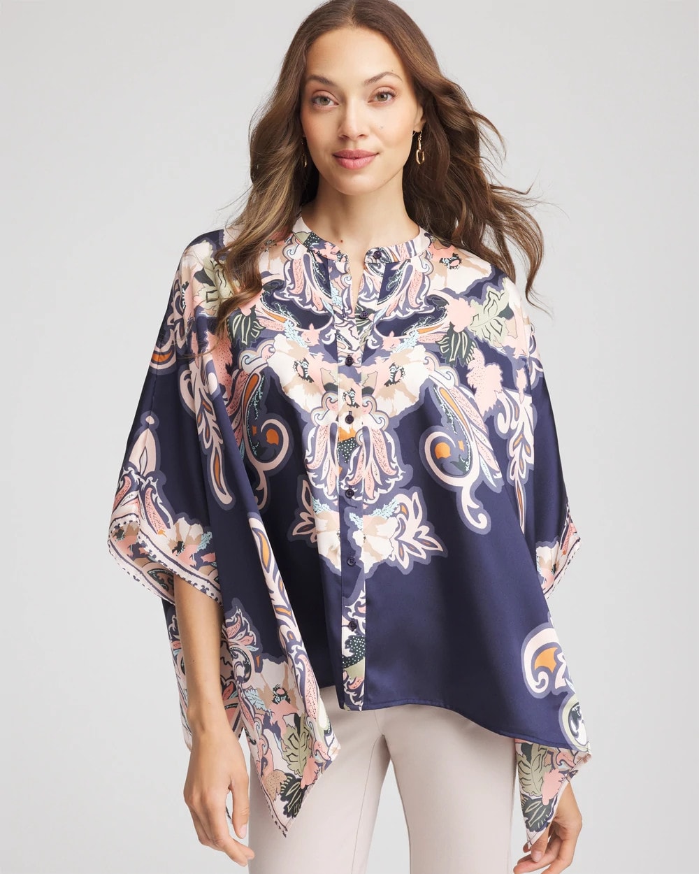 Chico's Latest - Collarless Floral-Paisley Poncho Passport Blue
