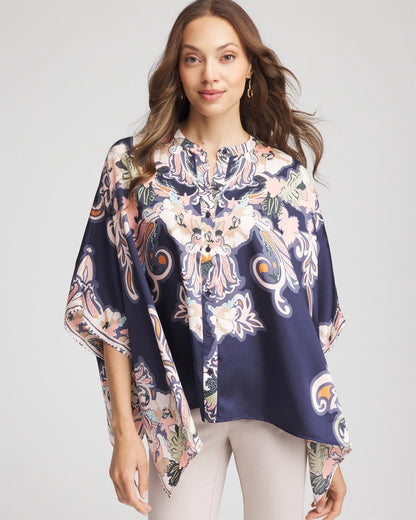 Chico's Latest - Collarless Floral-Paisley Poncho Passport Blue