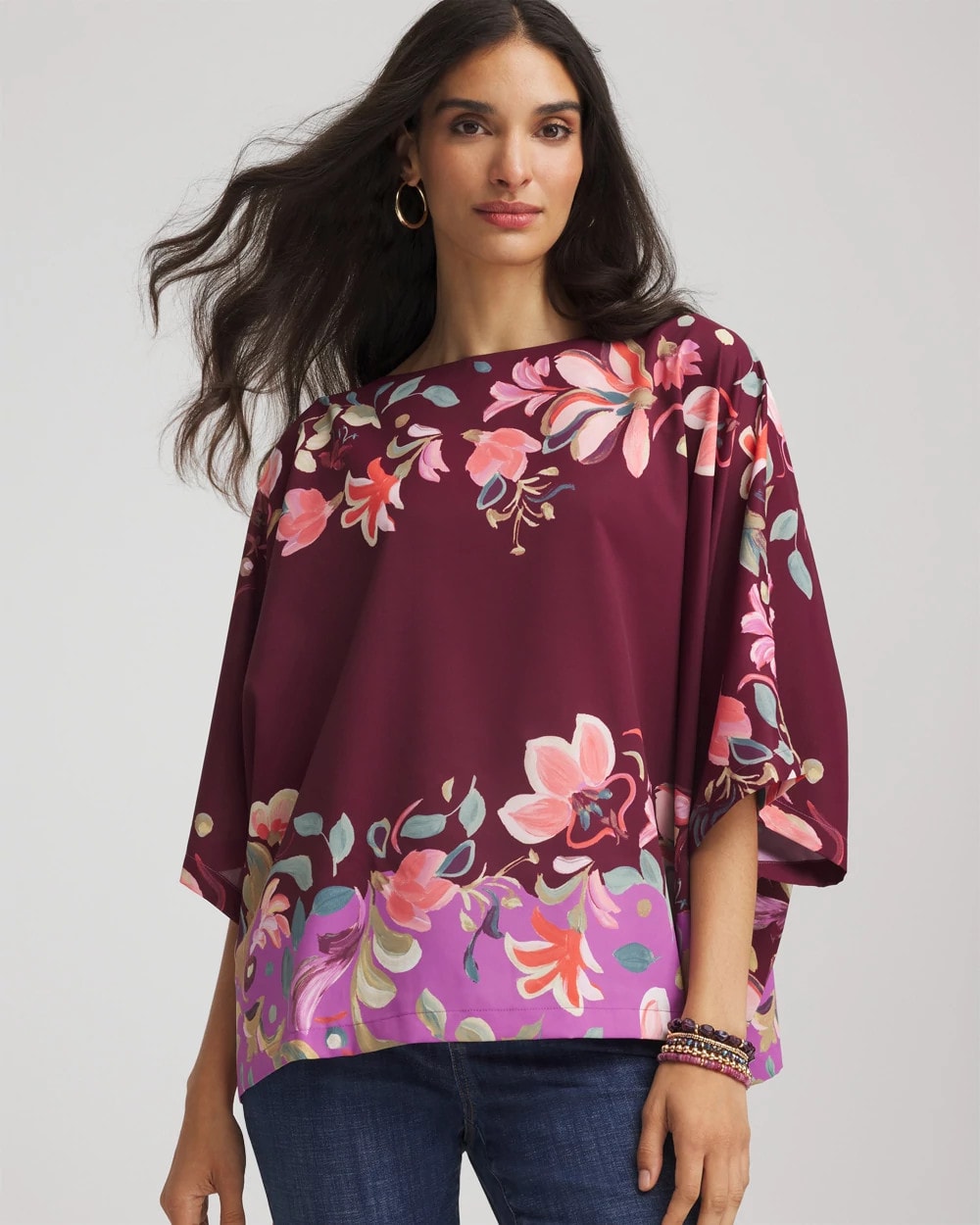 Chico's Recommended - Printed Boatneck Pullover Poncho Deep Chianti