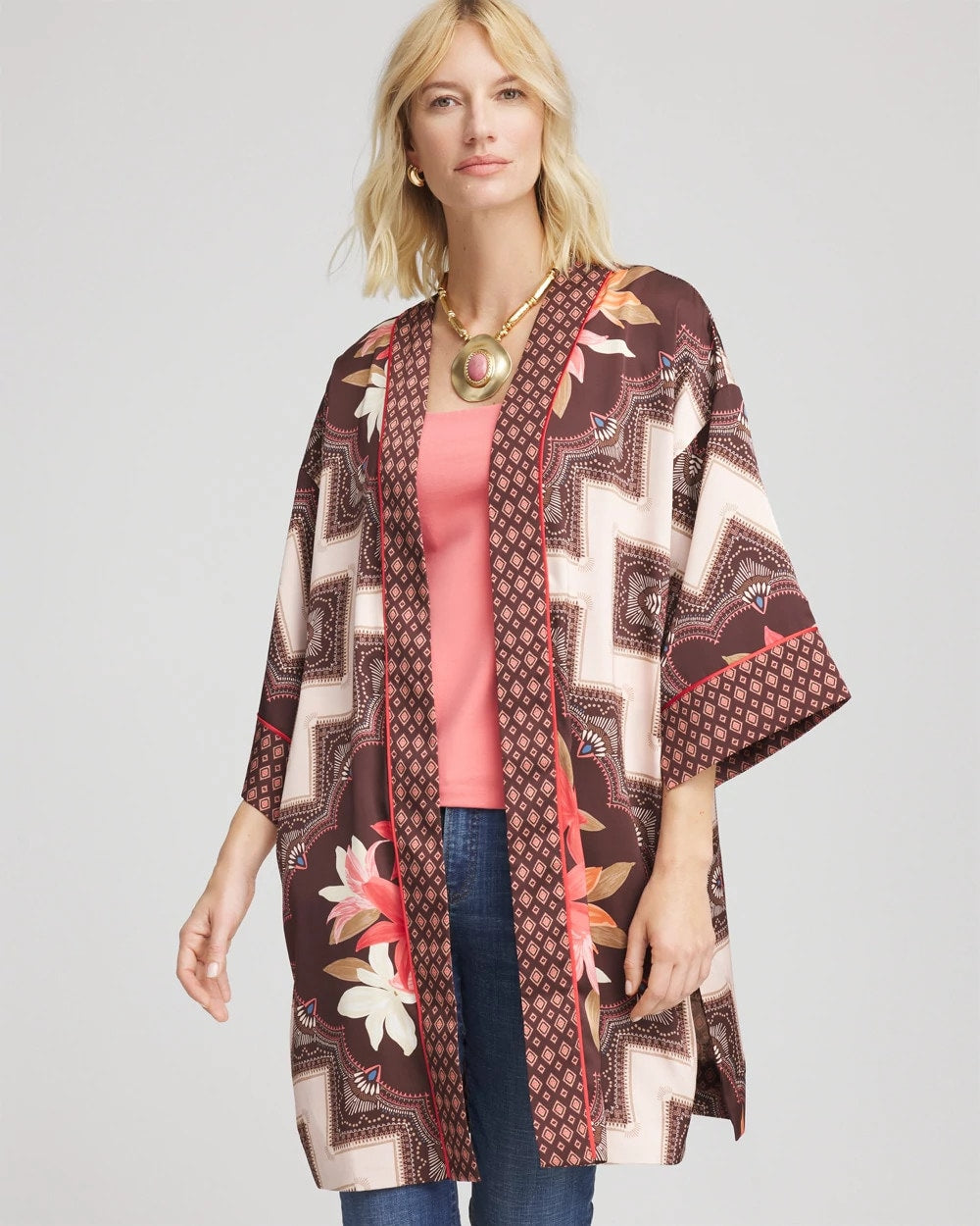 Chico's Sale - Long Mixed-Print Kimono Cacao