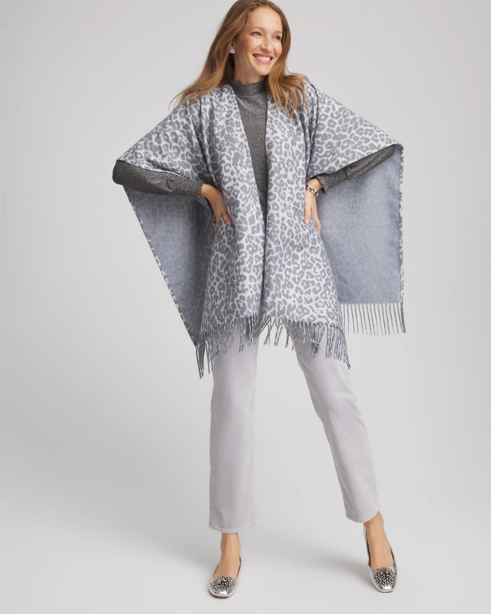 Chico's Deals - Reversible Animal Print Fringe Ruana Storm Cloud
