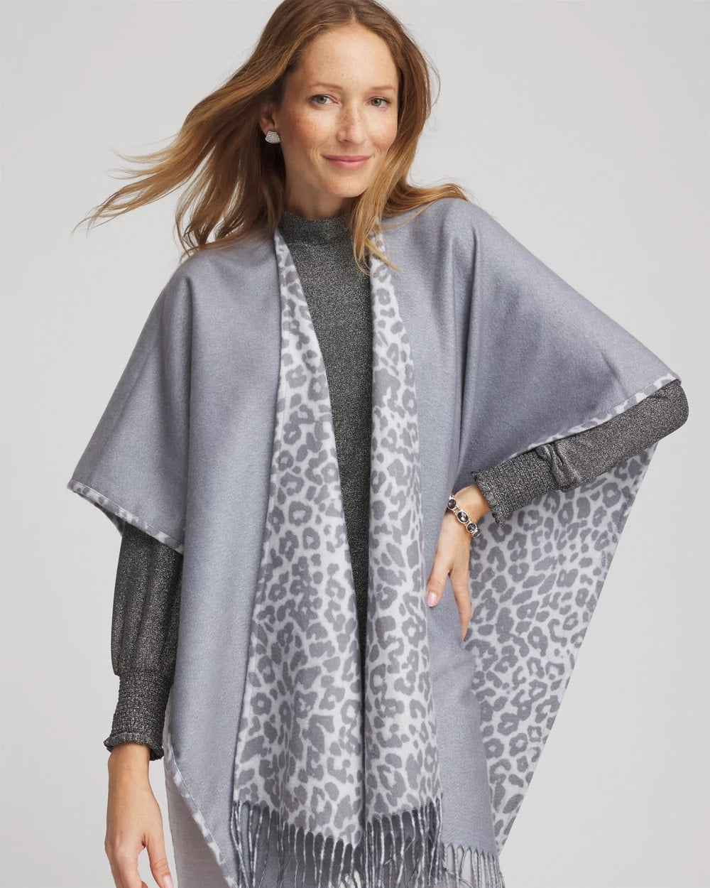 Chico's Deals - Reversible Animal Print Fringe Ruana Storm Cloud