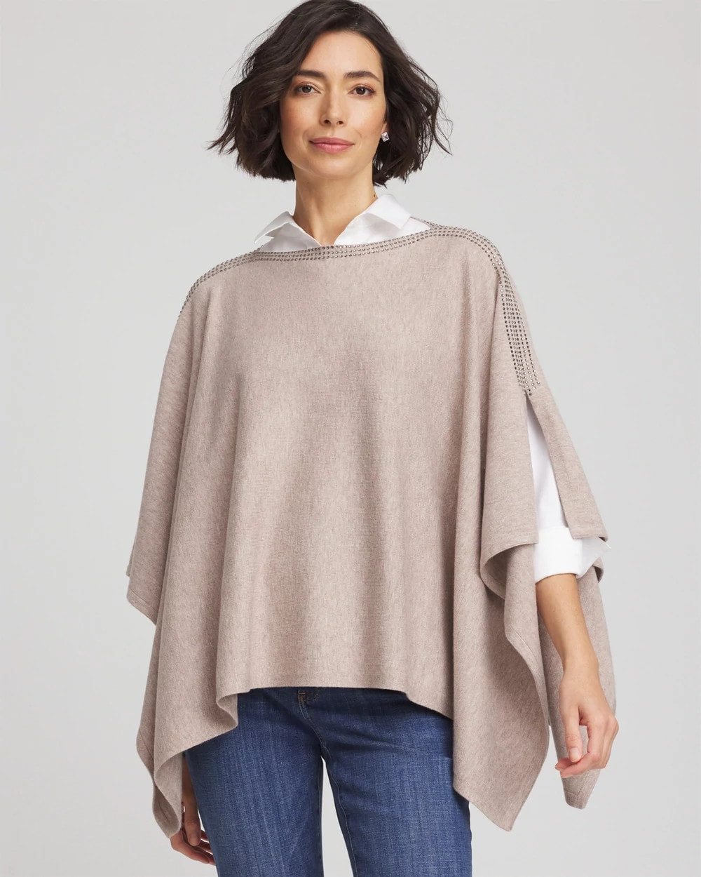 Chico's Exclusive - Rhinestone Embellished Poncho Light Taupe Heather