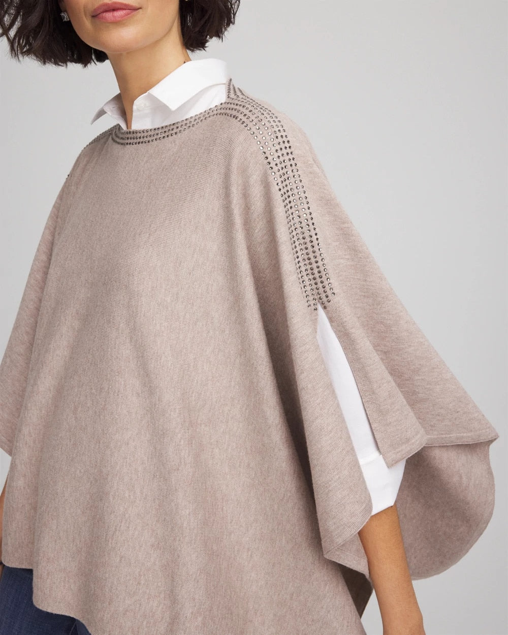 Chico's Exclusive - Rhinestone Embellished Poncho Light Taupe Heather