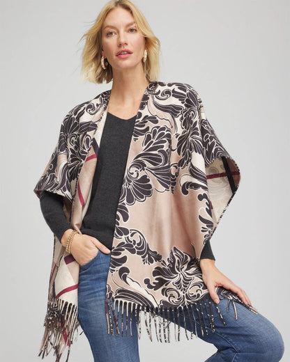 Chico's Top Pick - Reversible Printed Fringe Ruana Champagne Fizz