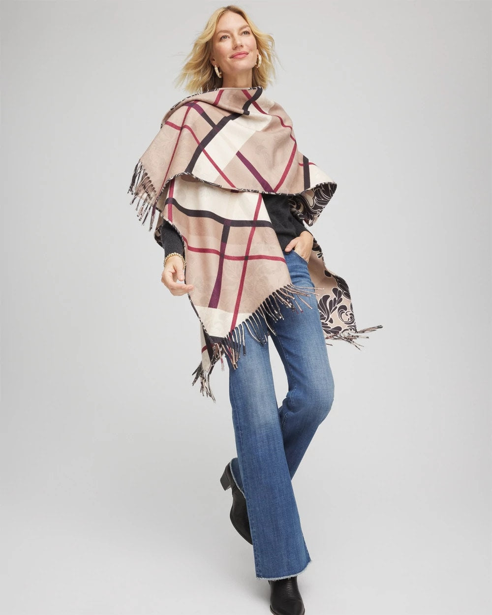 Chico's Top Pick - Reversible Printed Fringe Ruana Champagne Fizz