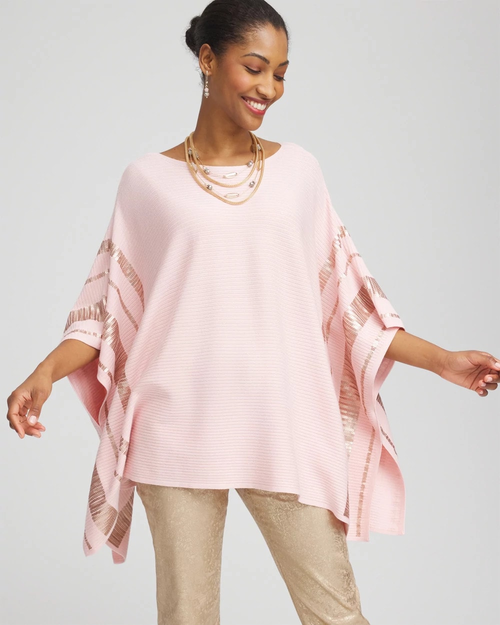 Chico's Premium - Sequin Striped Sweater Poncho Blushed