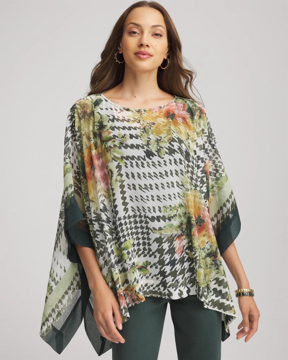 Chico's Essential - Printed Crinkle-Chiffon Pullover Poncho Nettle Leaf