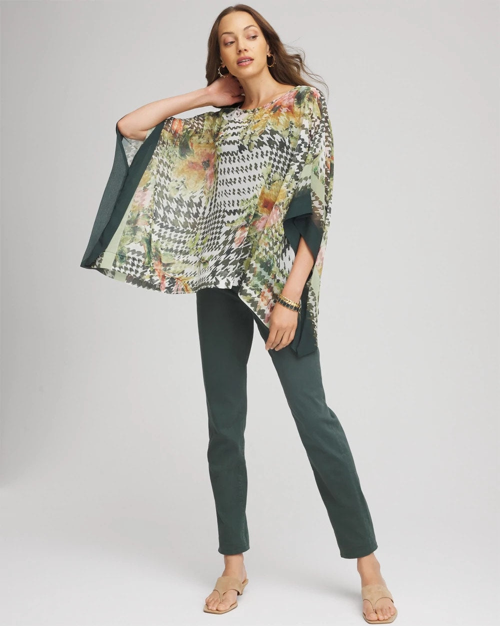 Chico's Essential - Printed Crinkle-Chiffon Pullover Poncho Nettle Leaf