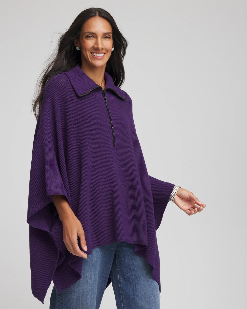 Chico's Best Seller - Rhinestone Zip-Collar Sweater Poncho Purple Elixir
