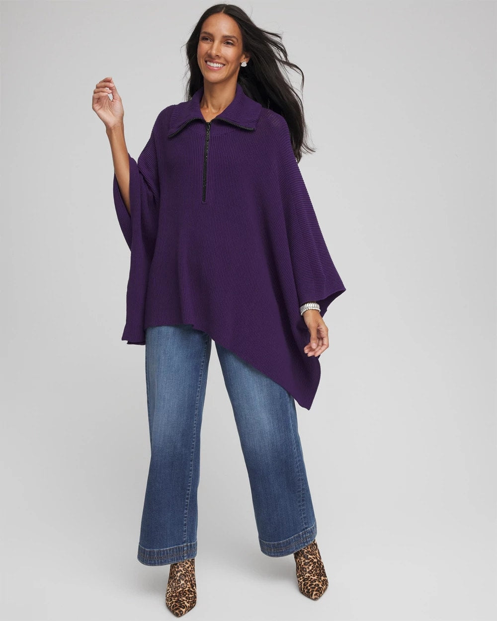 Chico's Best Seller - Rhinestone Zip-Collar Sweater Poncho Purple Elixir