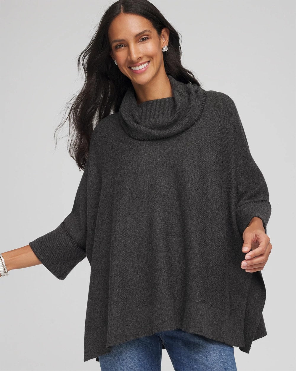 Chico's Signature - Cowlneck Poncho Graphite Heather Gray