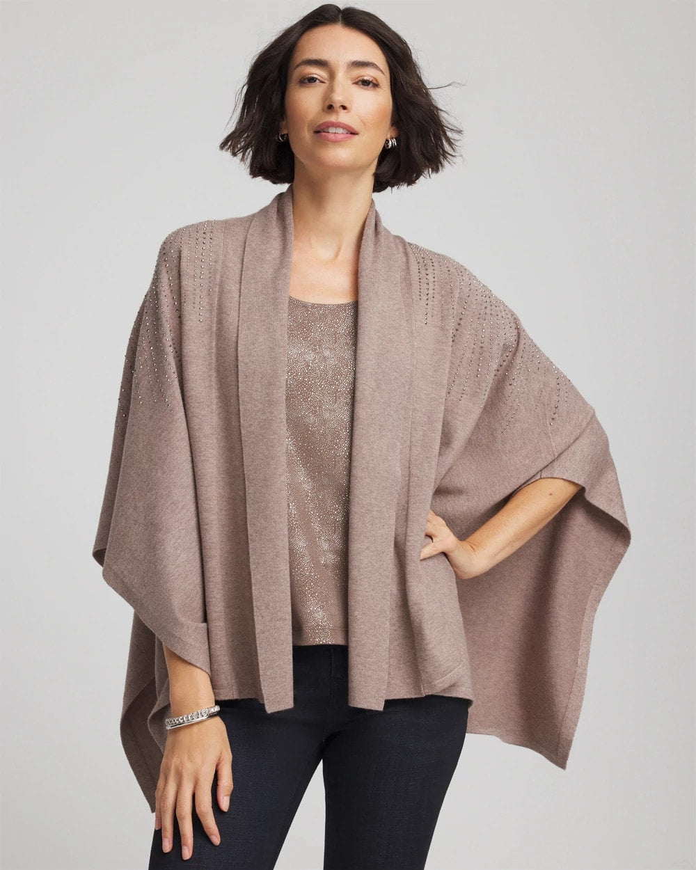 Chico's Hot Sale - Embellished Shawl Collar Ruana Taupe Heather