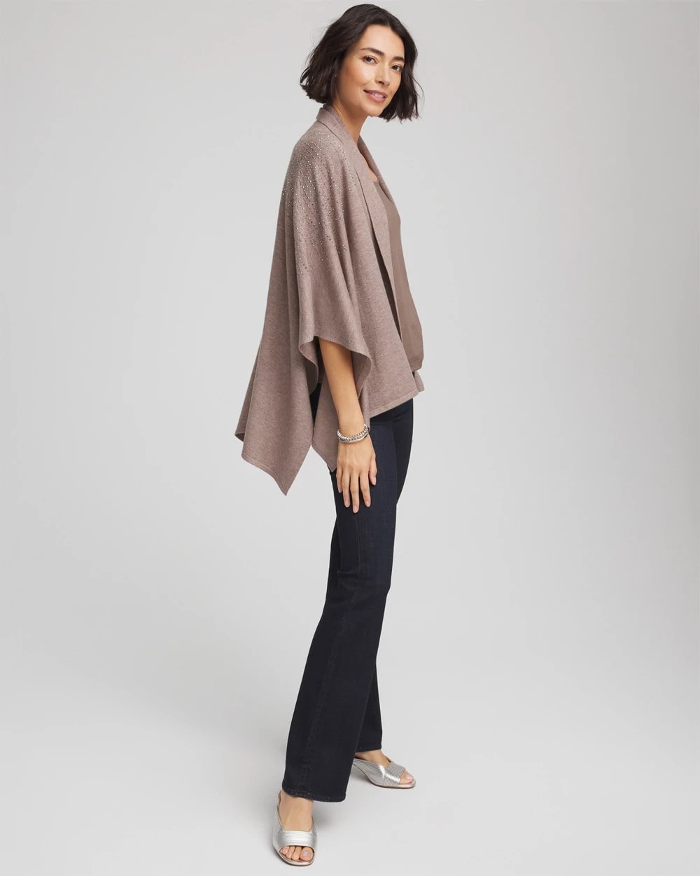 Chico's Hot Sale - Embellished Shawl Collar Ruana Taupe Heather