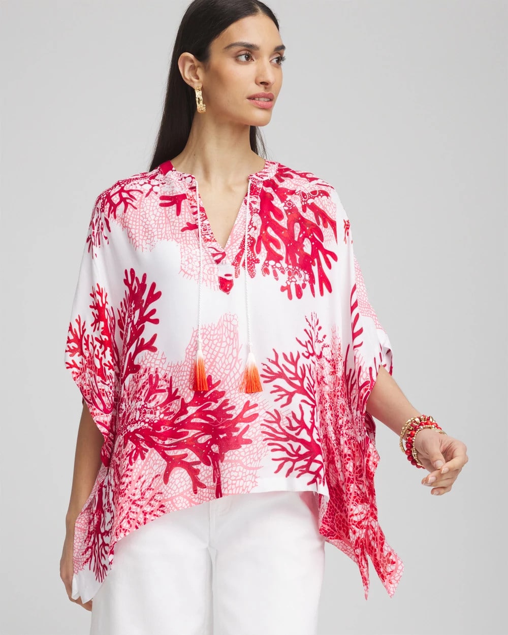 Chico's Value - Coral Reef Motif Poncho Red Glow