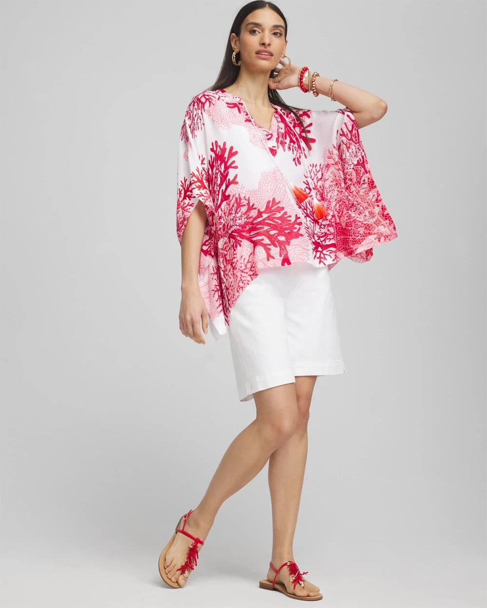 Chico's Value - Coral Reef Motif Poncho Red Glow