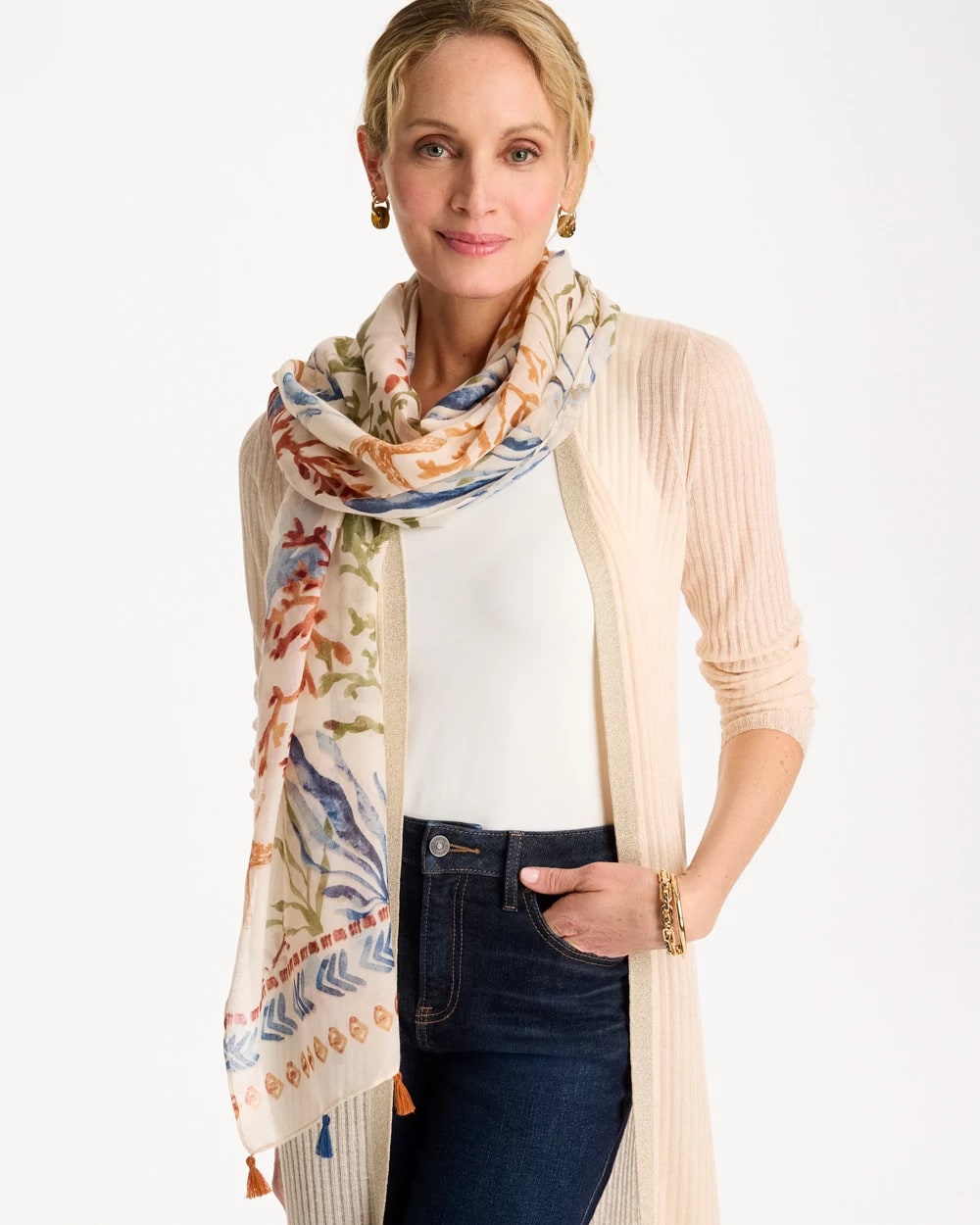 Chico's Hot Sale - Sea Life Tassel Oblong Scarf Olive