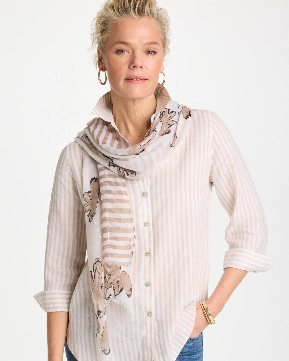 Chico's Deals - Striped Floral Oblong Scarf Neutral