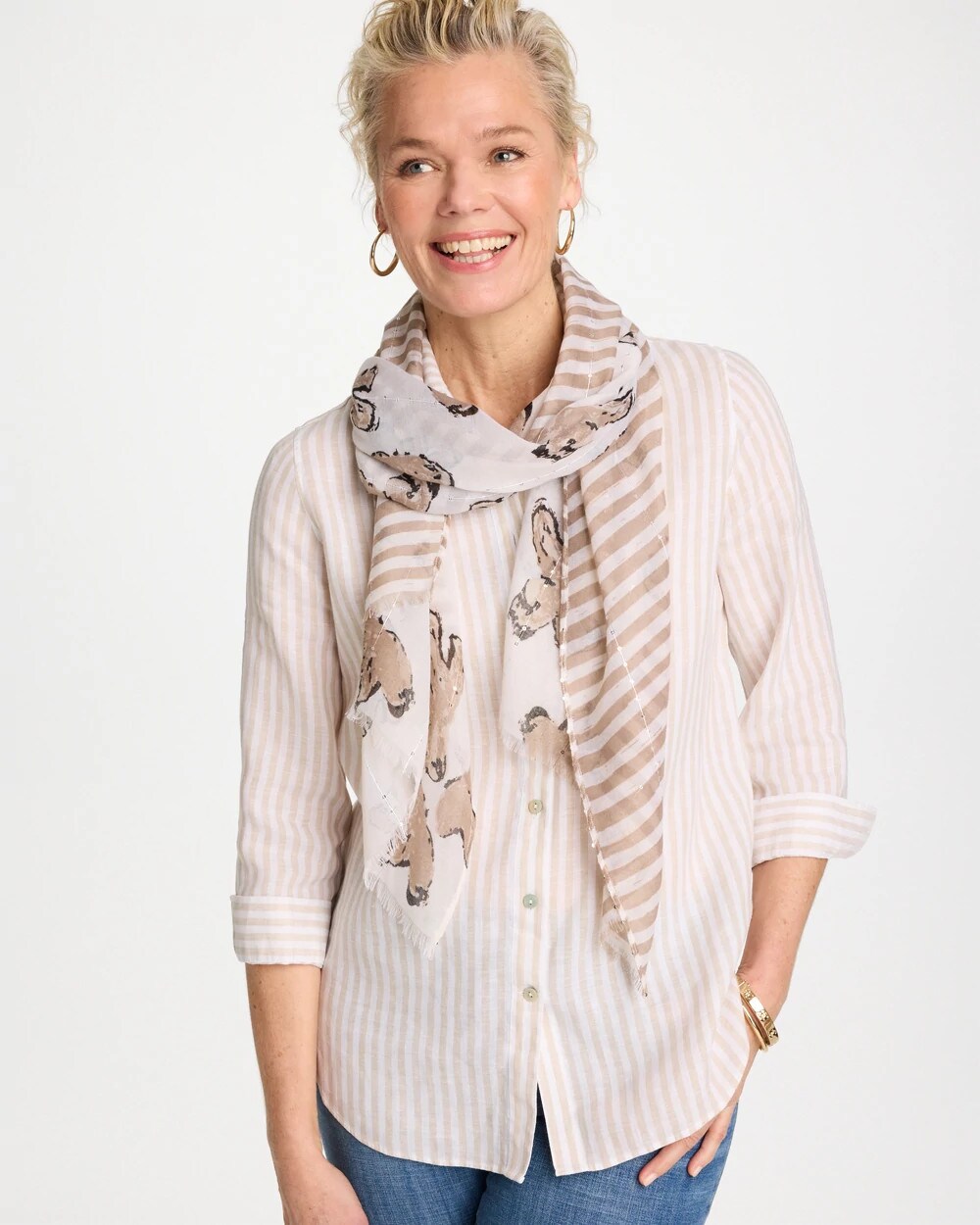 Chico's Deals - Striped Floral Oblong Scarf Neutral