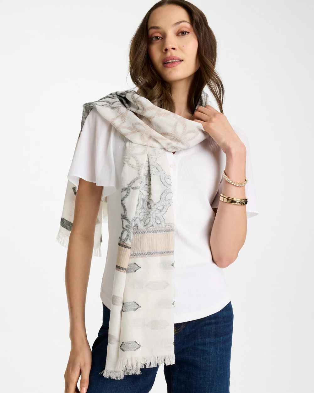 Chico's Great Value - Neutral Paisley Polka Dot Oblong Scarf Neutral