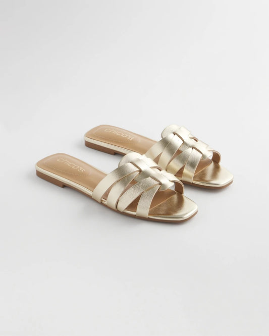 Chico's New - Leather Cassidy Cross-Strap Slide Shoes Gold