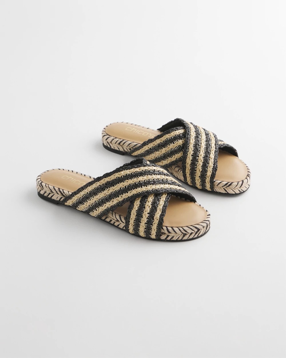 Chico's Latest - Striped Raffia Cross-Strap Slide Sandal Black Raffia