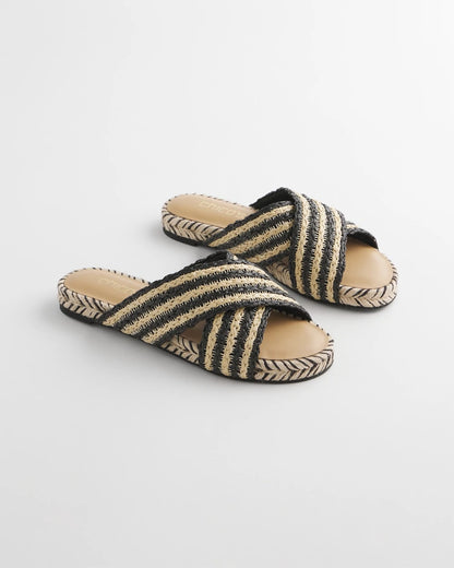 Chico's Latest - Striped Raffia Cross-Strap Slide Sandal Black Raffia