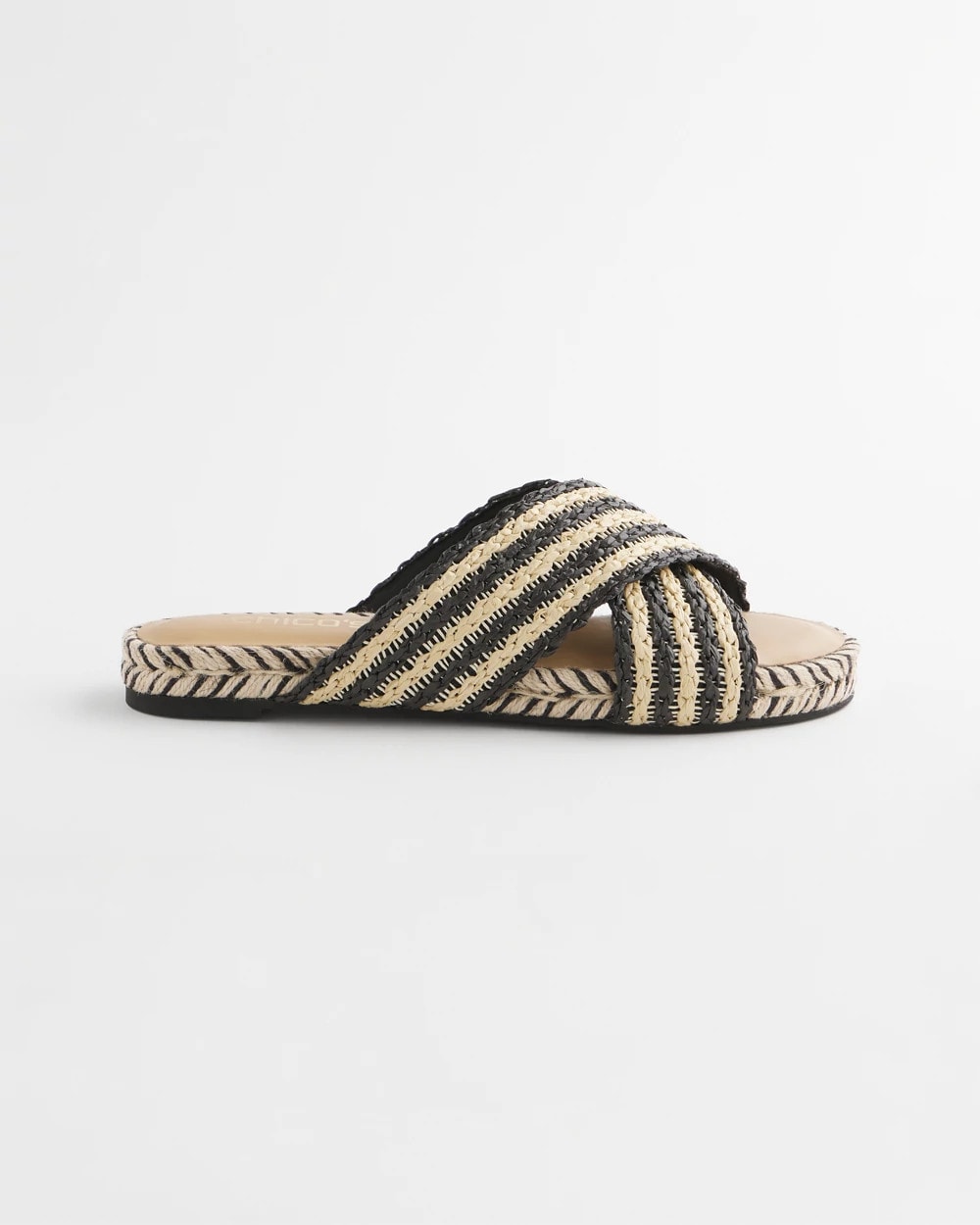 Chico's Latest - Striped Raffia Cross-Strap Slide Sandal Black Raffia