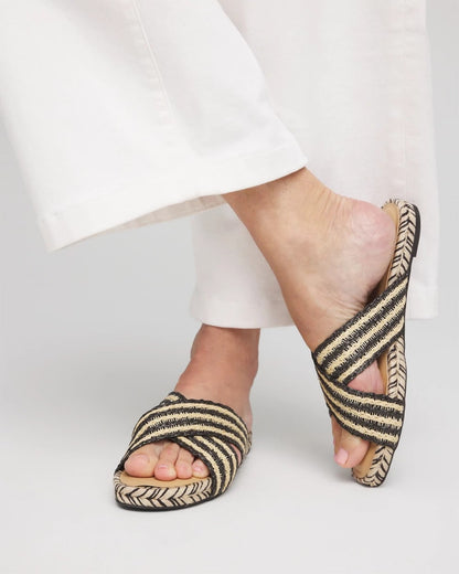 Chico's Latest - Striped Raffia Cross-Strap Slide Sandal Black Raffia