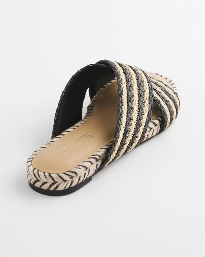 Chico's Latest - Striped Raffia Cross-Strap Slide Sandal Black Raffia