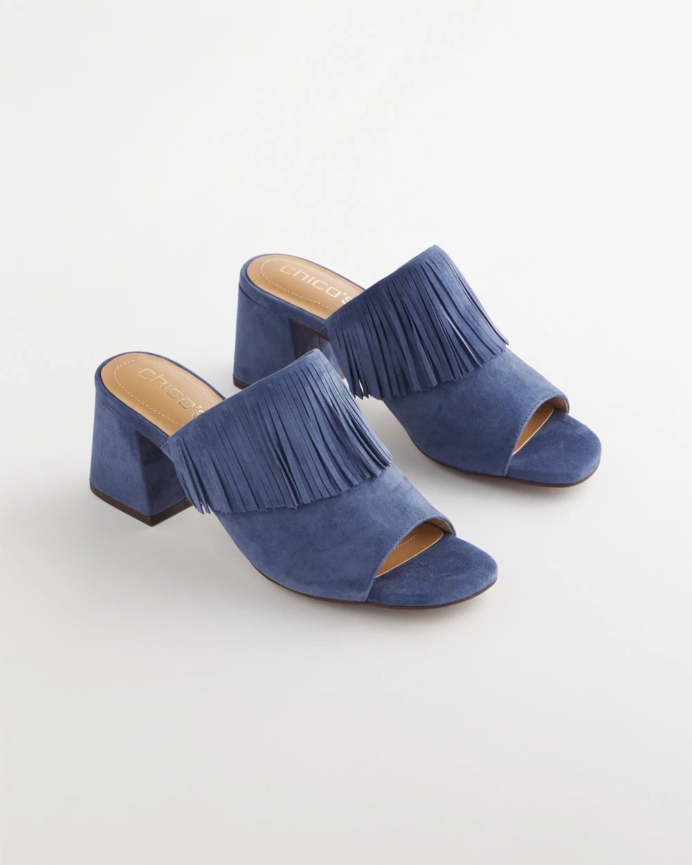 Chico's New - Blue Lotus Suede Fringe Block Heels Blue Lotus