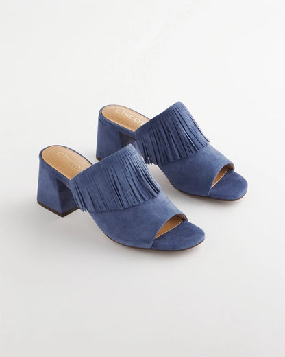 Chico's New - Blue Lotus Suede Fringe Block Heels Blue Lotus