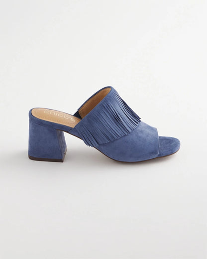 Chico's New - Blue Lotus Suede Fringe Block Heels Blue Lotus
