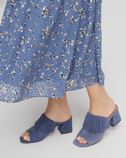 Chico's New - Blue Lotus Suede Fringe Block Heels Blue Lotus